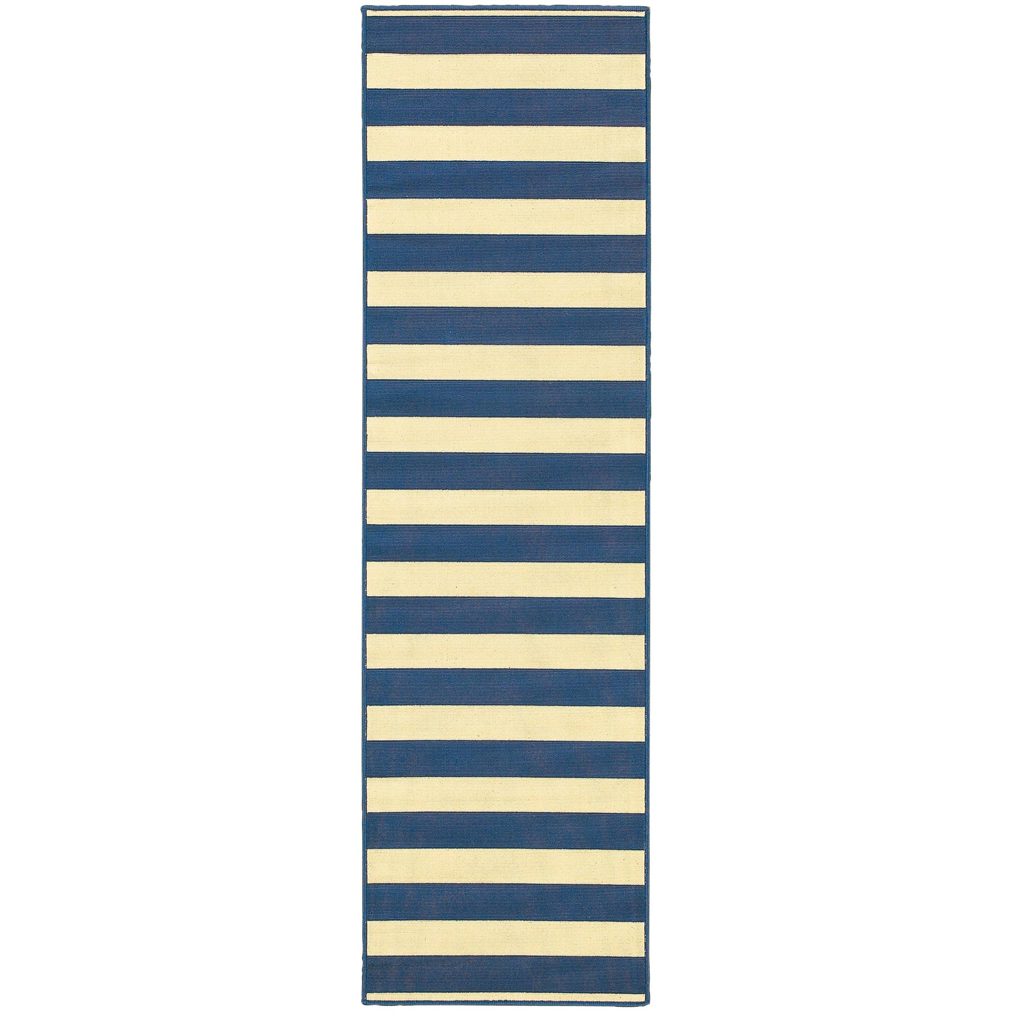 2’x8’ Blue and Ivory Striped Indoor Outdoor Runner Rug