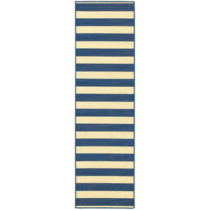 2’x8’ Blue and Ivory Striped Indoor Outdoor Runner Rug