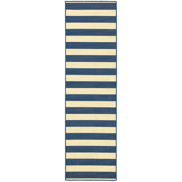 2’x8’ Blue and Ivory Striped Indoor Outdoor Runner Rug