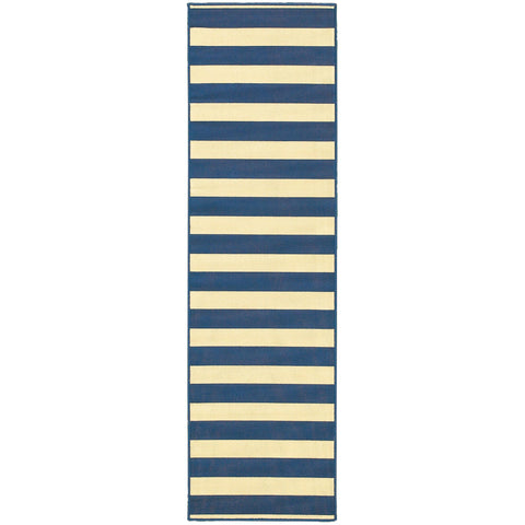 2’x8’ Blue and Ivory Striped Indoor Outdoor Runner Rug