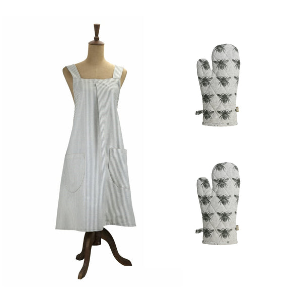 Pale Green Striped Apron and Oven Gloves Three Piece Set