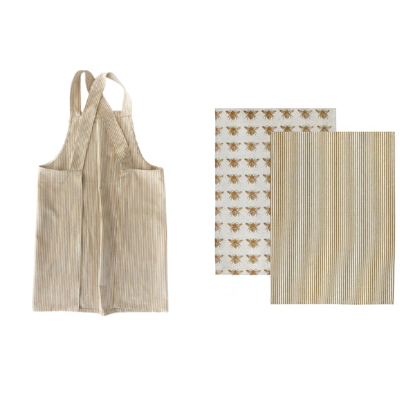 Set of Pale Yellow Striped Apron with Two Tea Towels