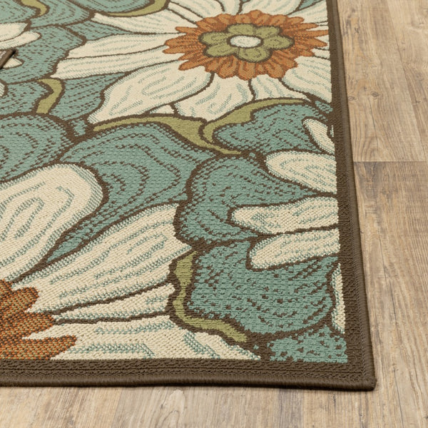 2’x4’ Blue and Brown Floral Indoor Outdoor Scatter Rug