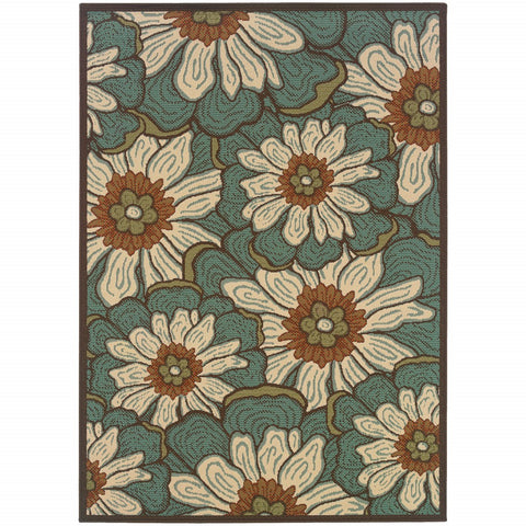 2’x4’ Blue and Brown Floral Indoor Outdoor Scatter Rug