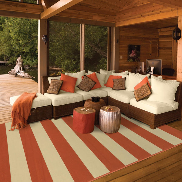 2’x4’ Orange and Ivory Striped Indoor Outdoor Scatter Rug