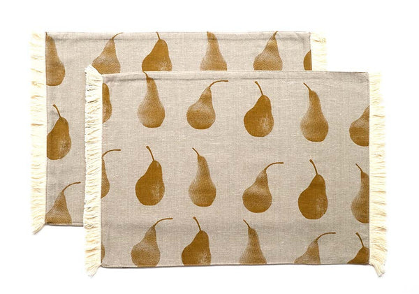 Set of Four Yellow Pear Pattern Placemats and Four Matching Napkins