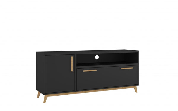 Modern Black and Natural Long Door TV Stand