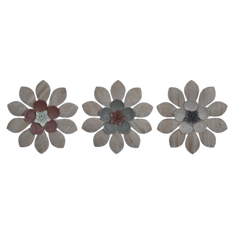 Set of Three Wood and Metal Flower Wall Decor