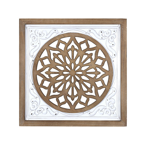 White Ethnic Wood and Metal Square Wall Plaque