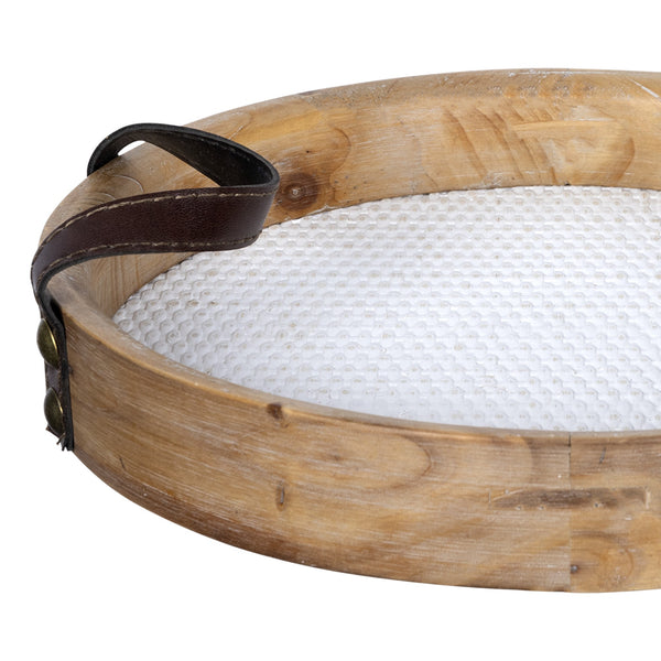 Round Wooden Tray with Leather Handles