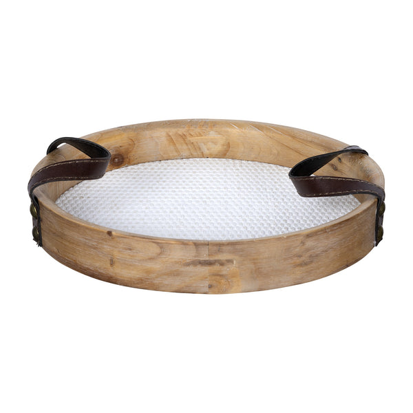 Round Wooden Tray with Leather Handles