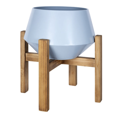 Blue Hexagonal Planter with Wooden Base