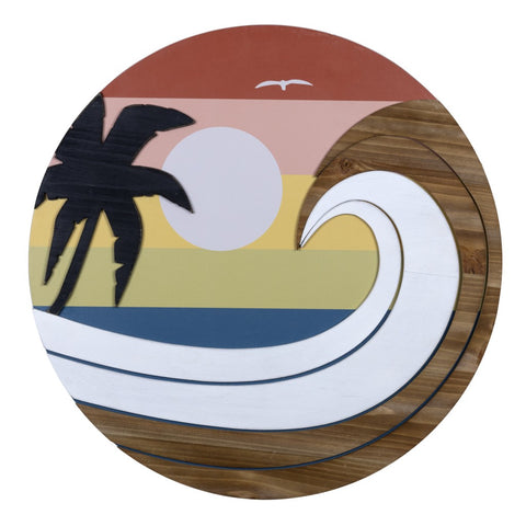 Round Wooden Sunset Wave Wall Art