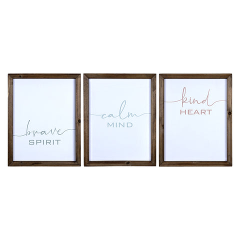 Set of 3 Wooden Brave Calm Kind Wall Frame Decor