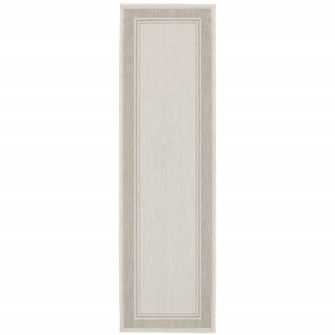 2’x7’ Ivory and Gray Bordered Indoor Outdoor Runner Rug