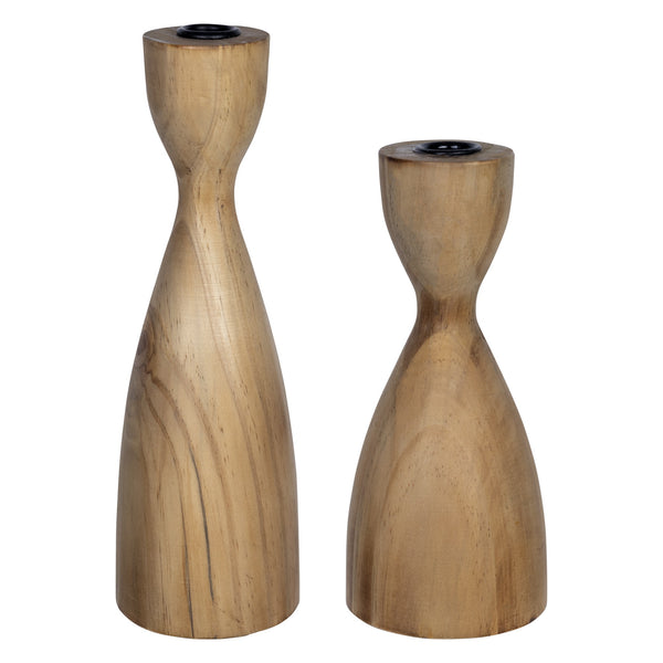 Set of Two Light Brown Wooden Candle Holders