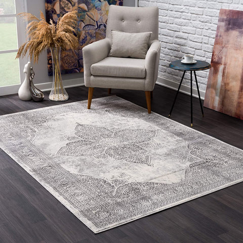 2’ x 4’ Gray Distressed Medallion Area Rug