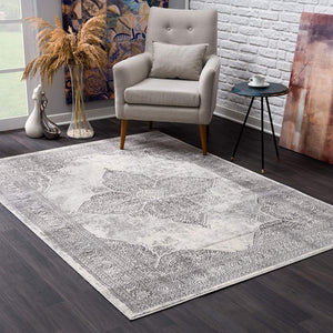 2’ x 5’ Gray Distressed Medallion Area Rug