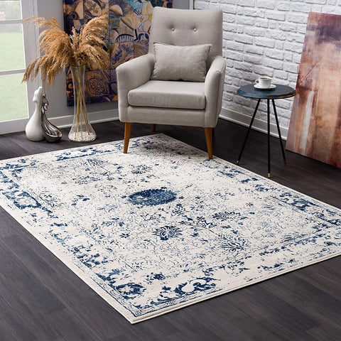 2’ x 10’ Navy Blue Distressed Floral Runner Rug