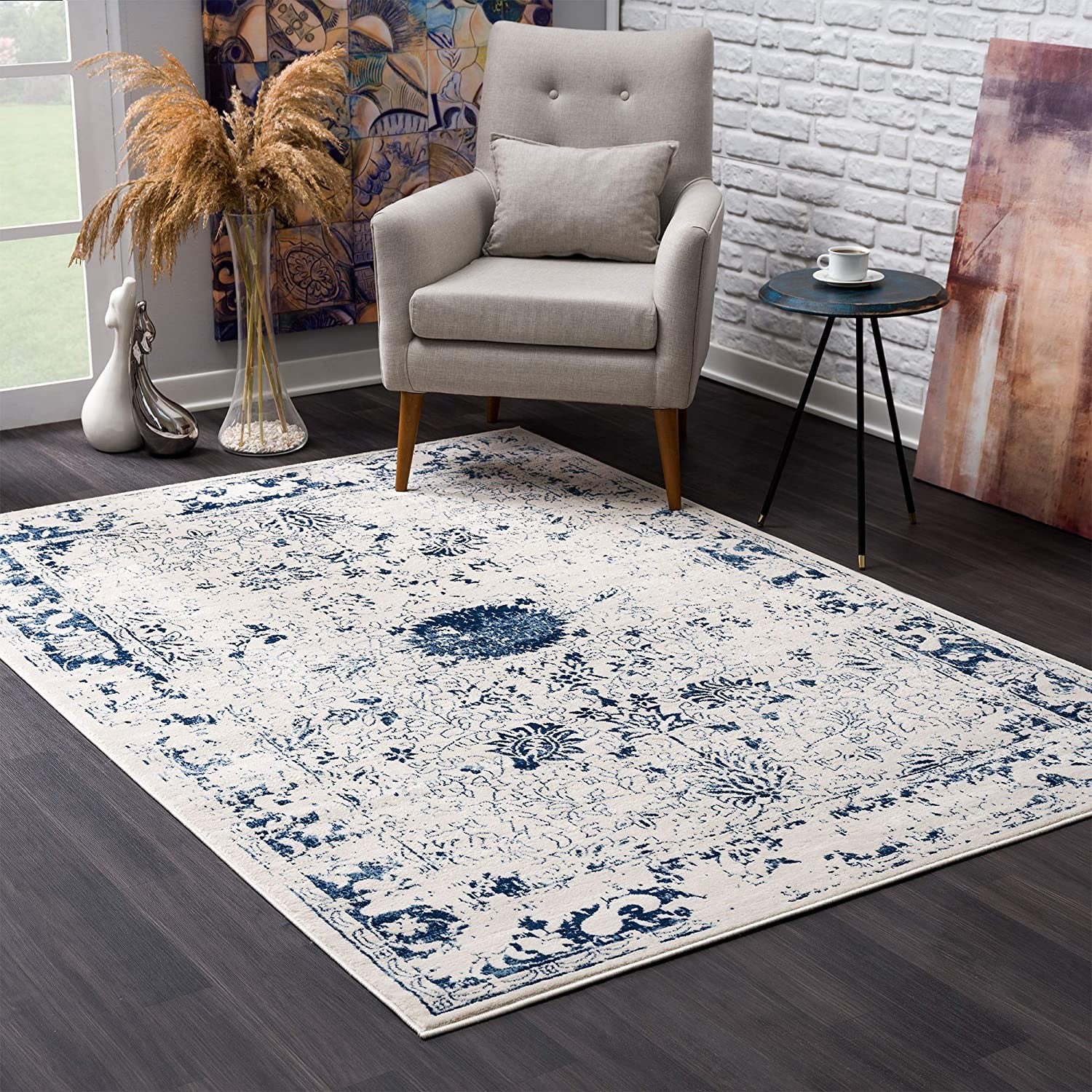 2’ x 13’ Navy Blue Distressed Floral Runner Rug