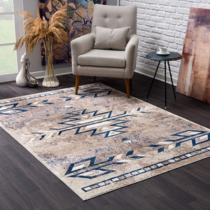 2’ x 10’ Beige and Blue Boho Chic Runner Rug