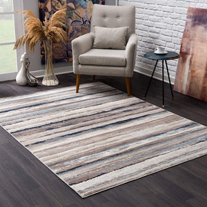 2’ x 22’ Blue and Beige Distressed Stripes Runner Rug