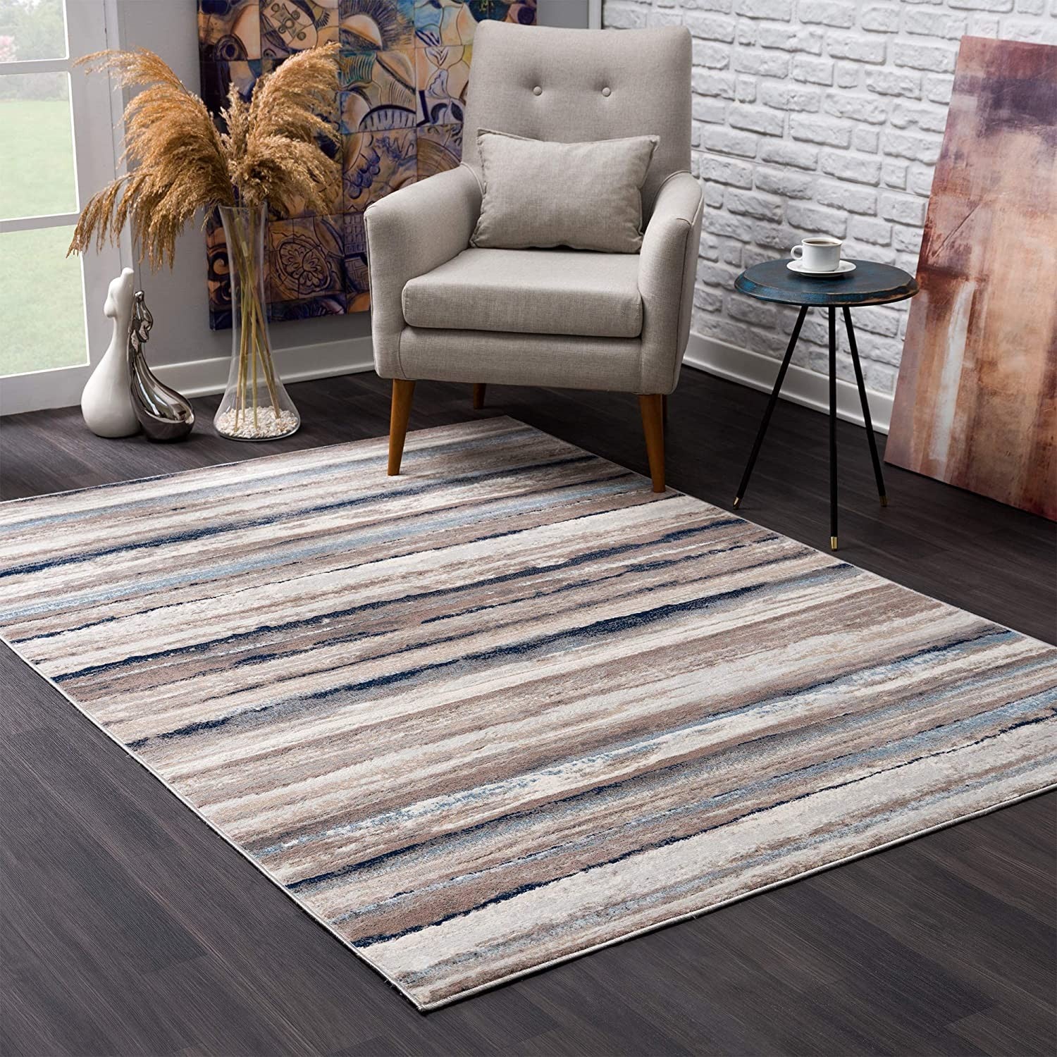 5’ x 8’ Blue and Beige Distressed Stripes Area Rug