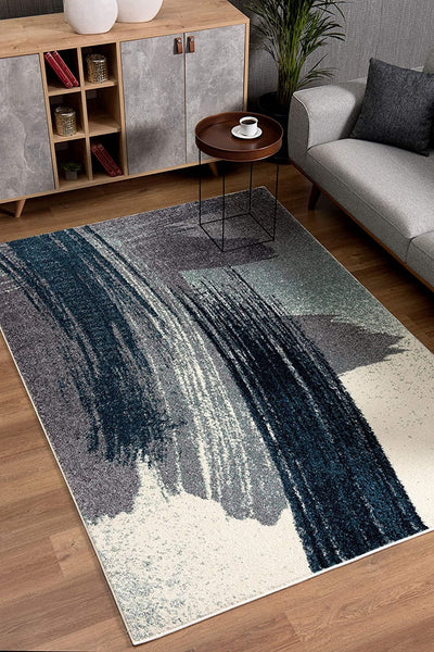 4’ x 6’ White and Blue Abstract Strokes Area Rug