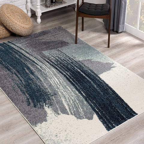 4’ x 6’ White and Blue Abstract Strokes Area Rug