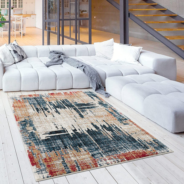 5’ x 8’ Blue and Red Mod Distressed Area Rug