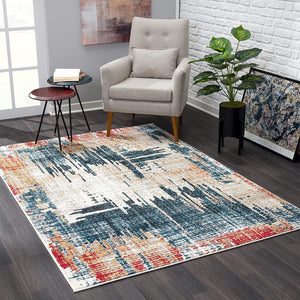 5’ x 8’ Blue and Red Mod Distressed Area Rug