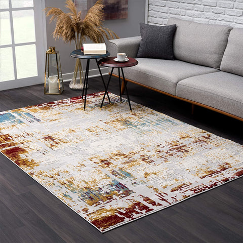 2’ x 10’ Abstract Beige and Gold Modern Runner Rug