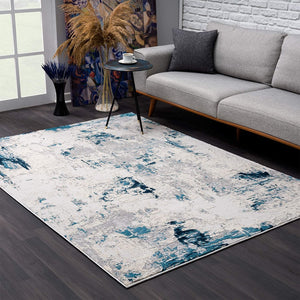 2’ x 12’ Blue and Ivory Abstract Strokes Runner Rug