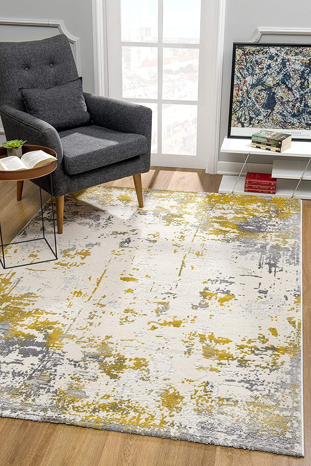 2’ x 10’ Gold and Gray Abstract Runner Rug