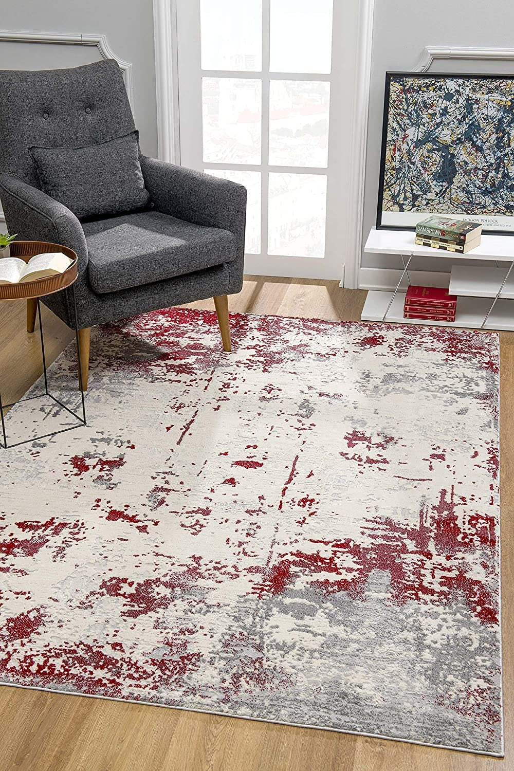 4’ x 6’ Red and Gray Modern Abstract Area Rug