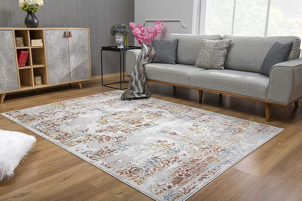 3’ x 5’ Gray and Beige Distressed Ornate Area Rug