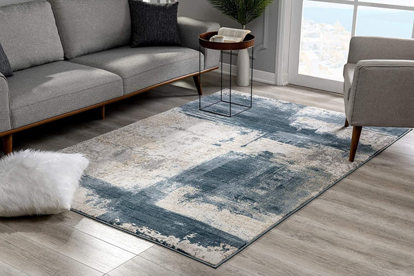 2’ x 4’ Cream and Blue Abstract Patches Area Rug