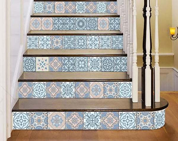 4" x 4" Baby Blue and Peach Mosaic Peel and Stick Removable Tiles