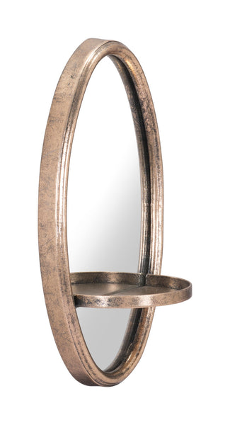 Antiqued Gold Oval Mirror with Petite Shelf