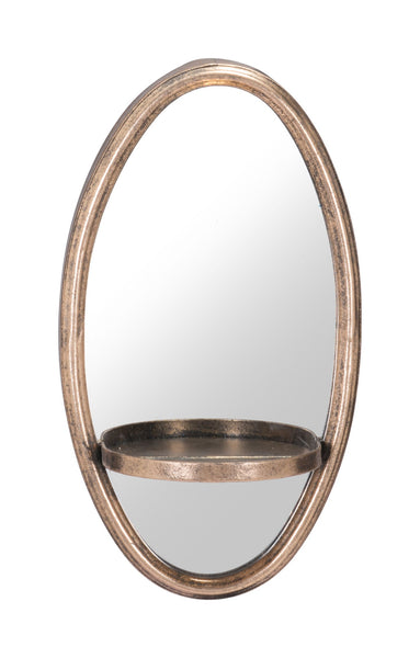 Antiqued Gold Oval Mirror with Petite Shelf