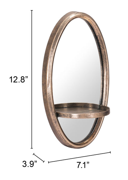 Antiqued Gold Oval Mirror with Petite Shelf