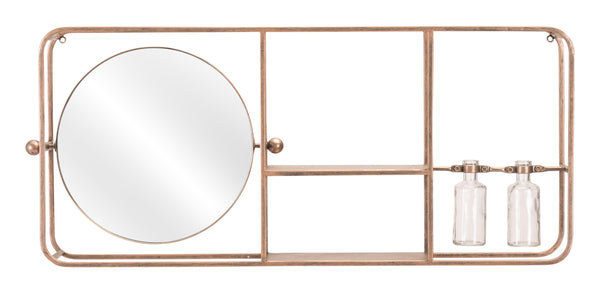 Gold Horizontal Shelf with Round Mirror