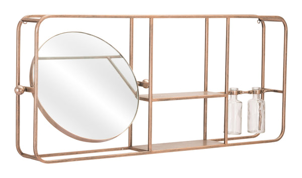 Gold Horizontal Shelf with Round Mirror