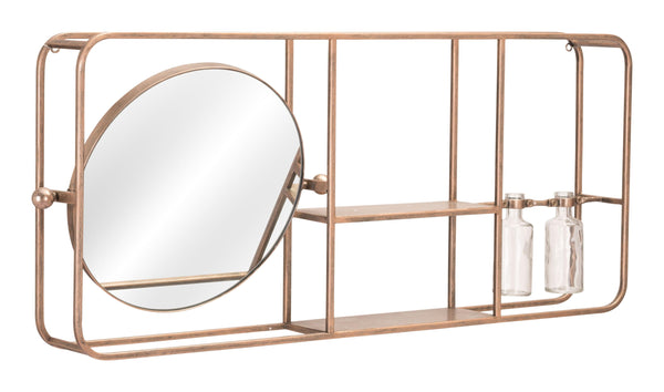 Gold Horizontal Shelf with Round Mirror