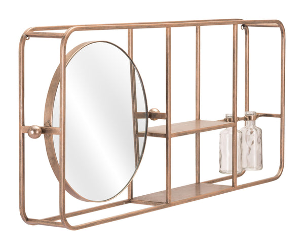 Gold Horizontal Shelf with Round Mirror