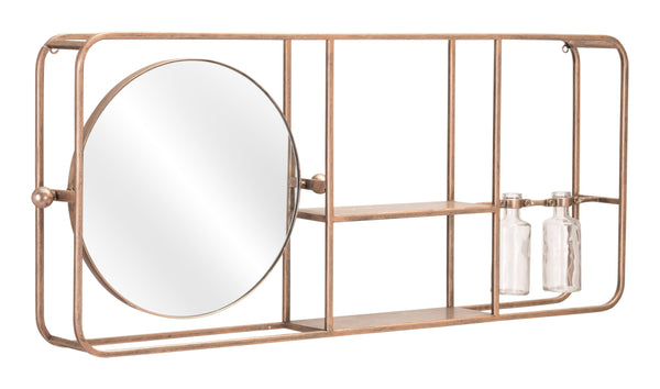 Gold Horizontal Shelf with Round Mirror