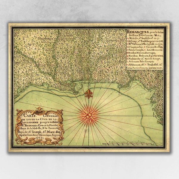 16" x 20" c1747 Map of the Gulf Coast Vintage Poster Wall Art