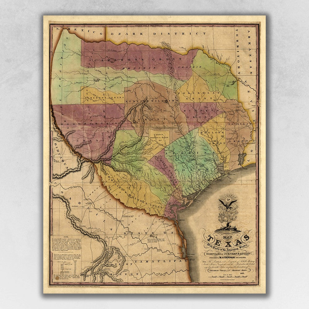 24" x 30" Texas and Surroundings c1837 Vintage Map Poster Wall Art