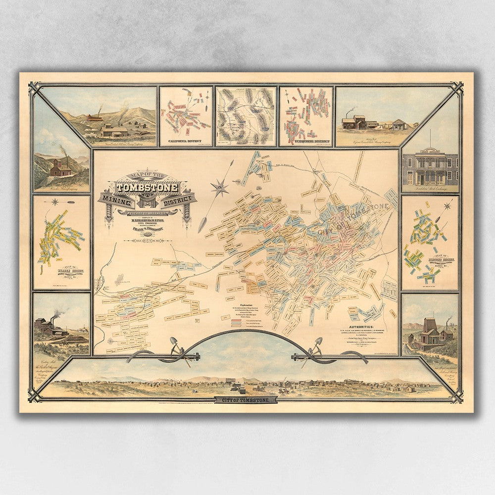 20" x 28" Map of Tombstone Mining District Vintage Travel Poster Wall Art