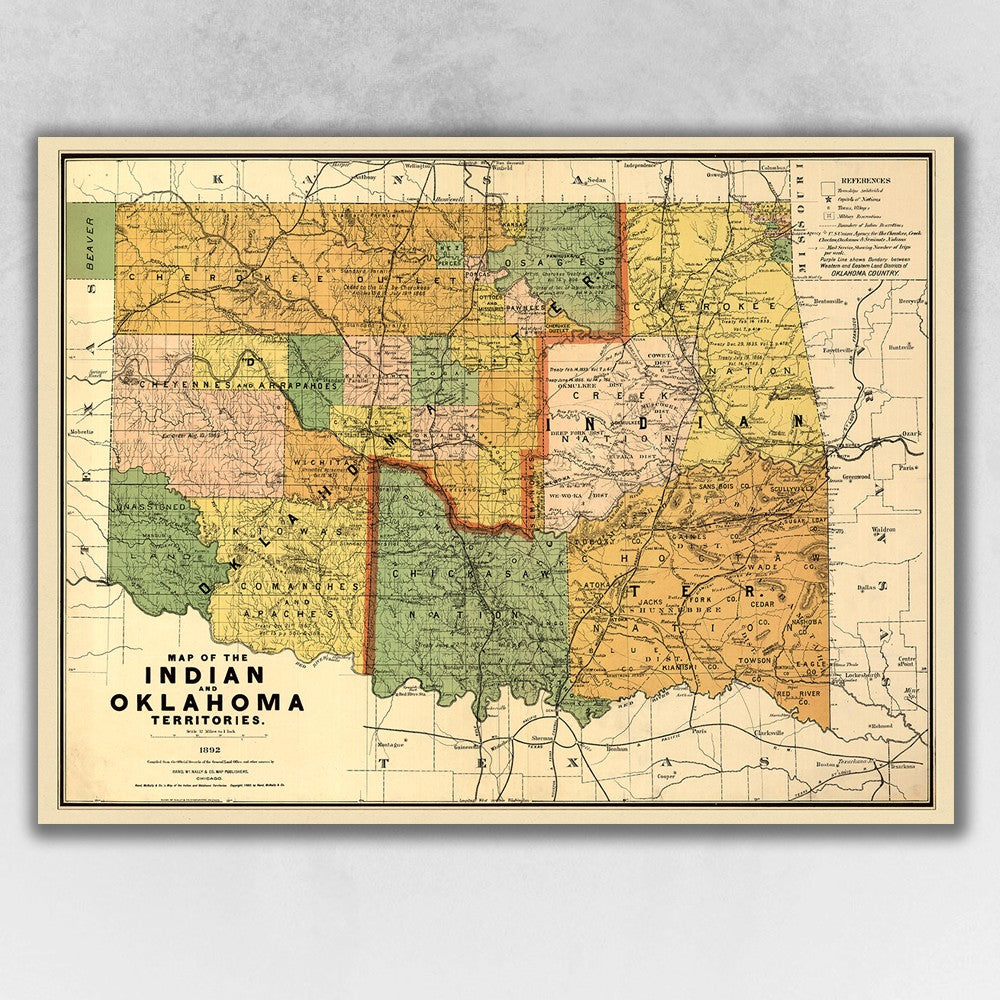 24" x 32" Map of Indian and Oklahoma Territories Vintage Poster Wall Art